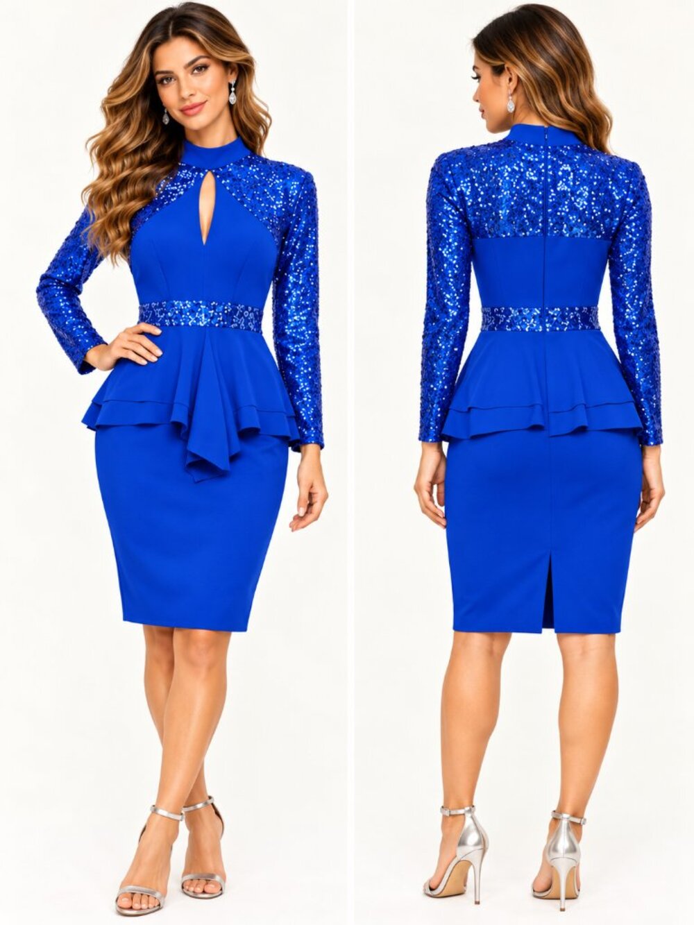 Royal Blue Sequin Long Sleeve Peplum Cocktail Party Dress Size M
